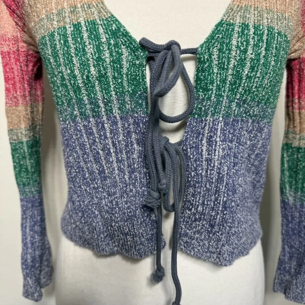 Free People Trouble Maker Cardi Rainbow Sweater Fairy Cardigan Front Tie‎ XS